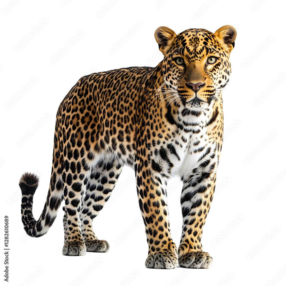 A majestic leopard with golden fur and black spots standing confidently. A majestic leopard with golden fur and black spots standing confidently.