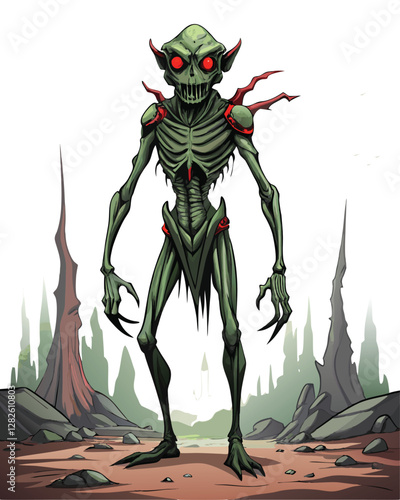 Render a grotesque alien creature with abnormally elongated limbs and a hollow, black, vacant eye socket.  Focus on unsettling detail.