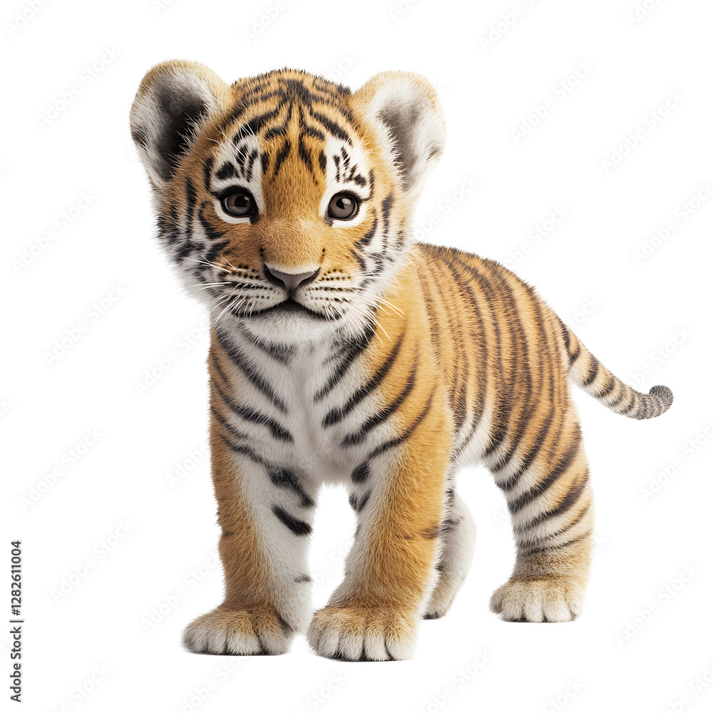 A cute tiger cub standing on a white background, looking curious with bright eyes. A cute tiger cub standing on a white background, looking curious with bright eyes.