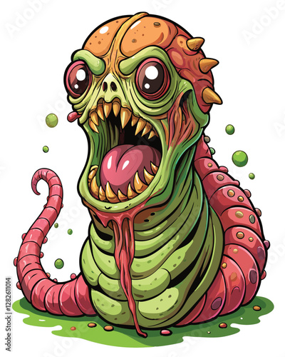 A grotesque, bioluminescent alien worm with a distorted human face stares intensely, its segmented body writhing.