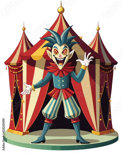 A grotesque jester with abnormally long limbs and a sinister grin stands,  wearing tattered, multicolored clothing.  His posture is unsettling.