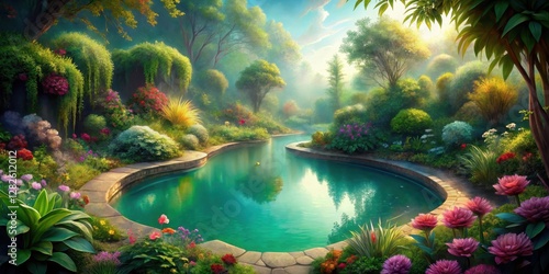 Dreamy pool surroundings with lush greenery and vibrant flowers surrounding a serene body of water, peaceful environments, fantasy landscapes