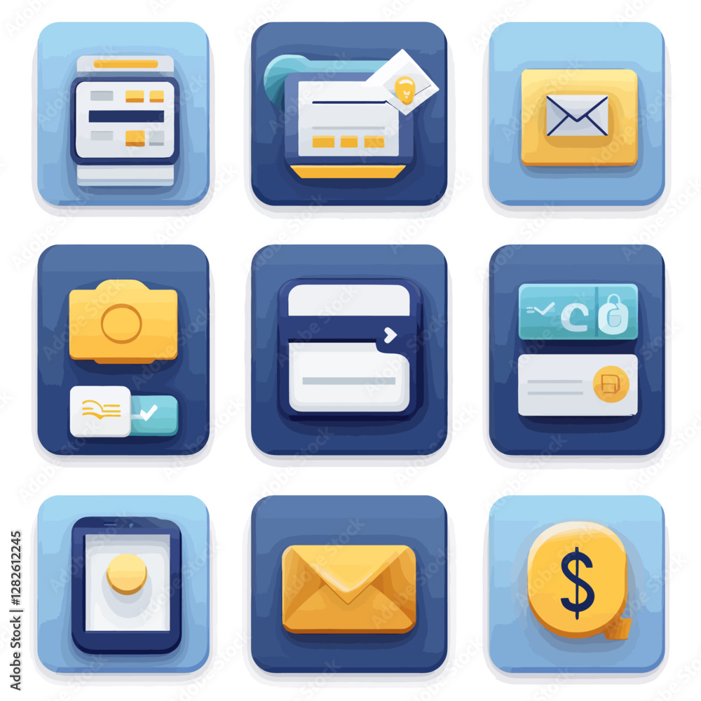Business Icons Set with Email, Dollar Sign, and Camera for Apps Business Icons Set with Email, Dollar Sign, and Camera for Apps
