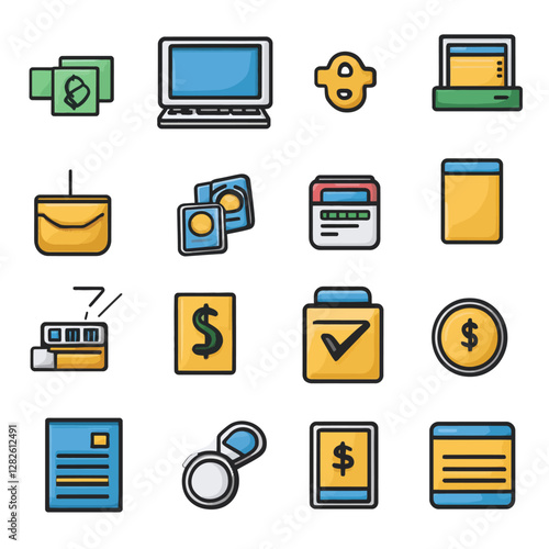 Finance Icon Set Depicting Banking Business and Online Transactions