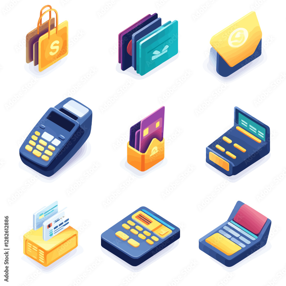 Isometric e-commerce elements: card payment, POS terminal, and shopping bag