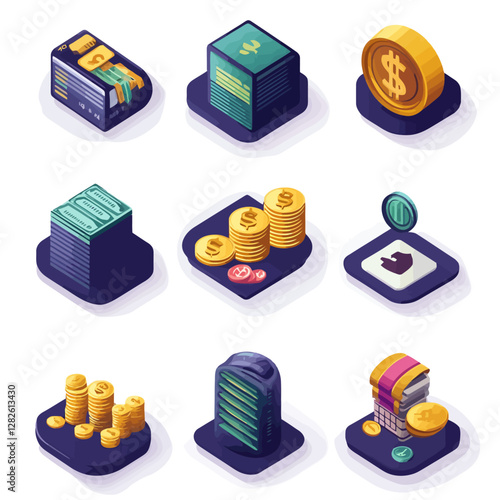 Isometric Illustrations of Finance and Money with Coins and Currency