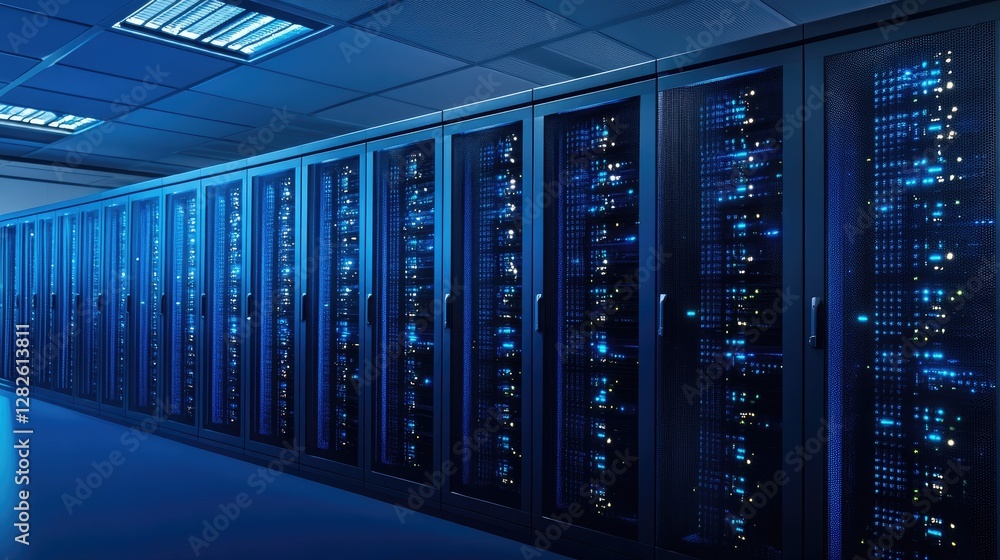 Modern data center with rows of glowing blue LED server racks, showcasing a high-tech and secure digital infrastructure. Ideal for technology, cybersecurity, cloud computing, and data storage concepts Modern data center with rows of glowing blue LED server racks, showcasing a high-tech and secure digital infrastructure. Ideal for technology, cybersecurity, cloud computing, and data storage concepts