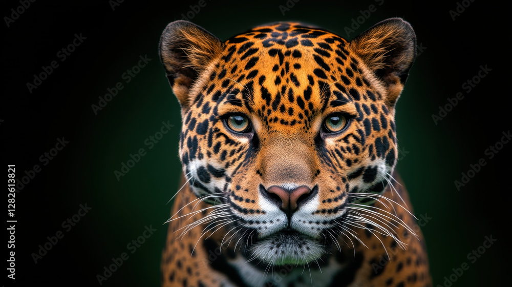 Fototapeta premium Majestic jaguar with striking coat and intense gaze, showcasing its powerful presence in wild. This captivating animal embodies strength and beauty