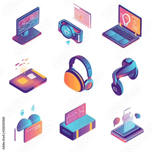 Isometric tech devices: computer, smartphone, headphones, VR and cloud