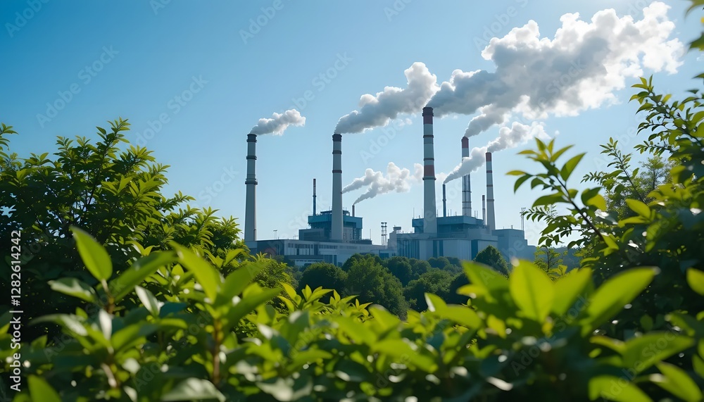 Obraz premium Industrial Power Plant Emitting Smoke with Green Foliage in Foreground Under Clear Blue Sky – Environmental Impact Concept
