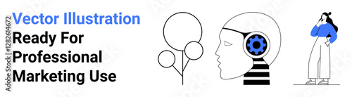 Head with a gear symbolizing innovation, balloons suggesting ideas, and contemplative person. Ideal for technology, creativity, innovation, strategy, education, brainstorming flat landing page