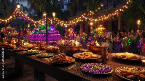 A vibrant outdoor feast featuring a variety of dishes, colorful decorations, and festive lighting, creating a joyful atmosphere for celebration.