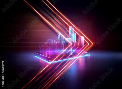 Abstract digital art featuring vibrant neon lines and blocks. Double exposure effect on a dark background, creating a futuristic glowing design.