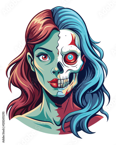A terrifying portrait of a haunted woman with a face bisected, revealing a horrifying duality; one side serene, the other decaying.  High detail, dramatic lighting.