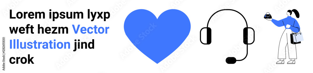 Heart icon, headset, and person holding bell suggest themes of call center, support, care, teamwork, communication, assistance connection. Ideal for concept visuals creative marketing flat landing Heart icon, headset, and person holding bell suggest themes of call center, support, care, teamwork, communication, assistance connection. Ideal for concept visuals creative marketing flat landing