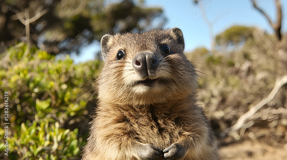 Fototapeta premium Cheerful Quokka Poses Adorably for an Iconic Selfie with Nature's Backdrop