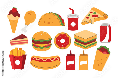 Fast food element collection. Pizza, burger, hot dog, sandwich, tacos, soda, donut. Street food concept flat syle