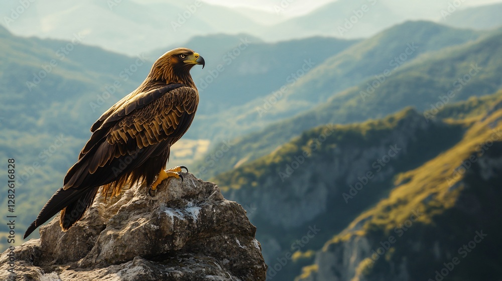 Fototapeta premium Majestic Golden Eagle Perched on Mountain Peak, Breathtaking Landscape