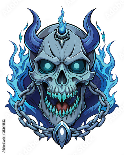 Render a terrifying three-eyed demonic skull, intricately bound with heavy, rusty chains, showcasing detailed bone texture and glowing red eyes.