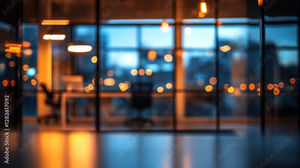 Obraz premium Blurred image of a modern office at night, showing city lights through large windows.