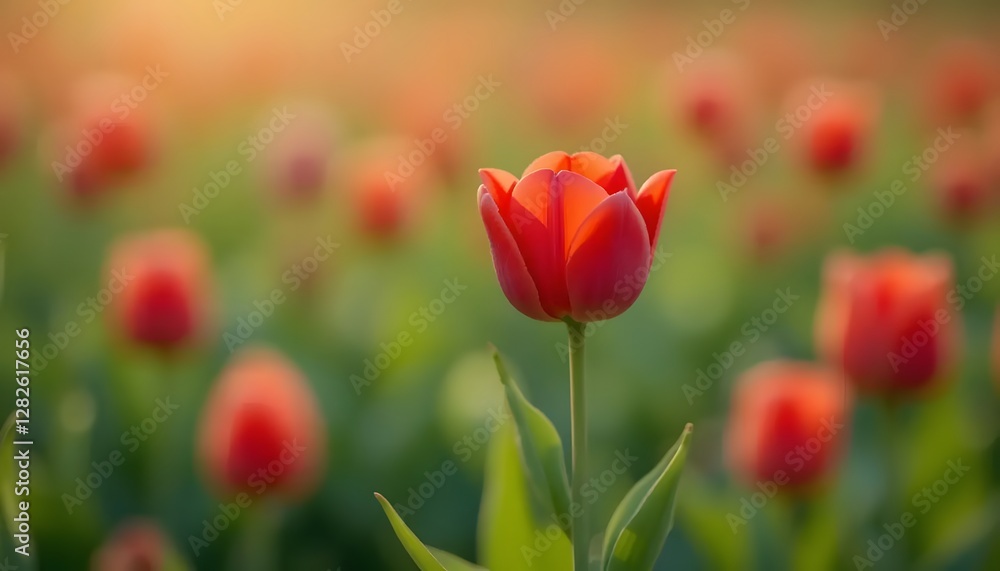 Obraz premium Red Tulip Flower Blooming in Garden During Spring Season at Sunset