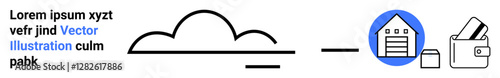 Cloud with horizontal bars transitioning to a house icon and wallet. Ideal for cloud storage, data security, digital transformation, online management, technology services, efficient computing