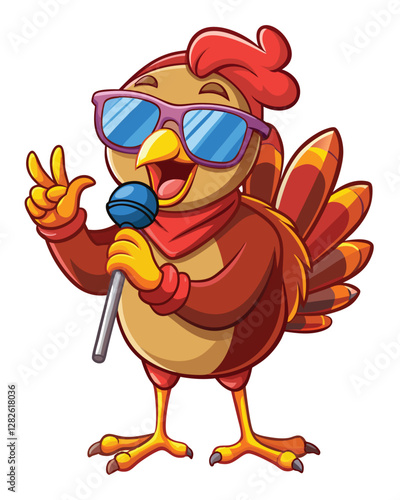 A comical turkey, sporting trendy sunglasses, strikes a confident, almost cocky pose.  Its expression is hilariously smug.