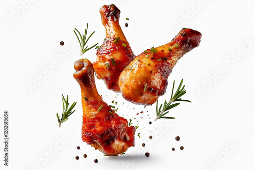 Spicy grilled chicken legs or drumsticks flying with herbs and spices. Floating BBQ chicken drumsticks with vegetables isolated on white background. Chicken drumsticks flying in air isolated on white