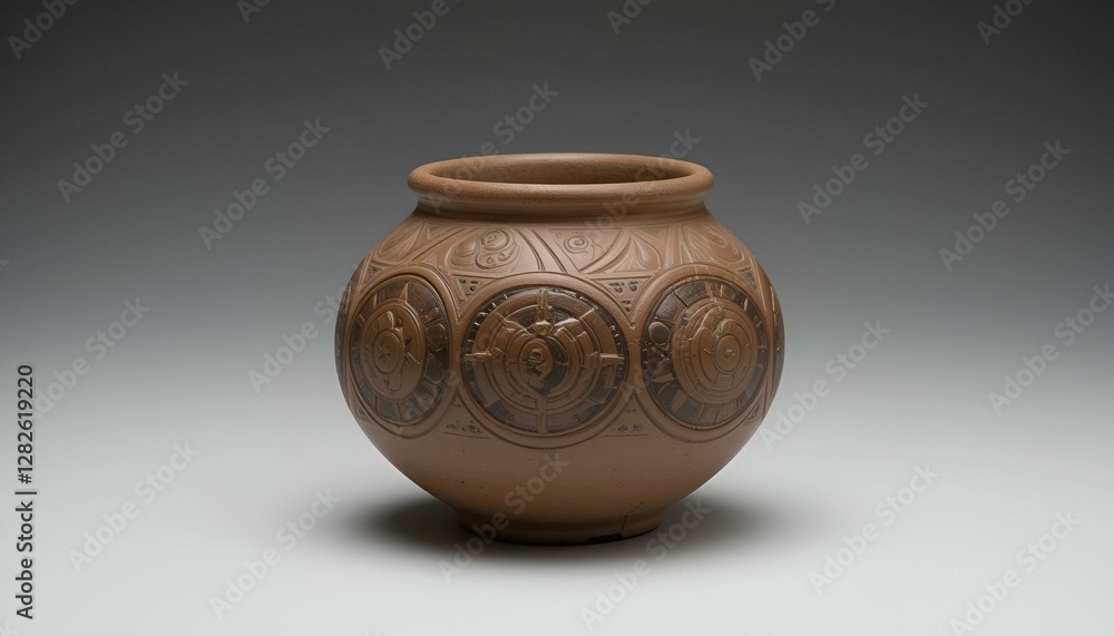 Brown pottery artifact with intricate designs. Brown pottery artifact with intricate designs.
