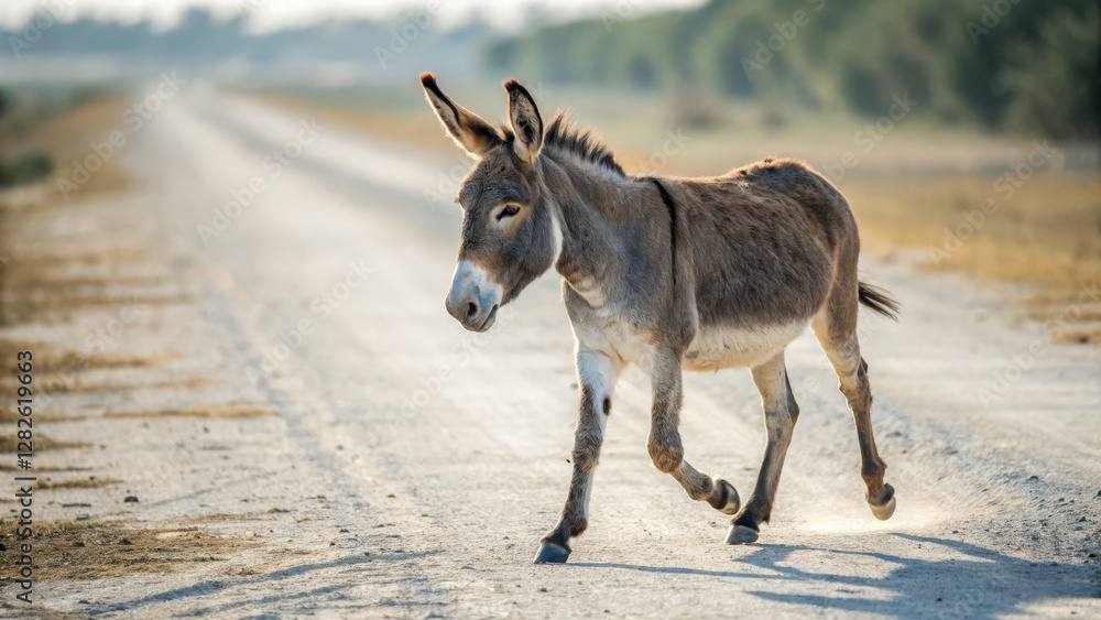 donkey walking along rural road in serene landscape donkey walking along rural road in serene landscape