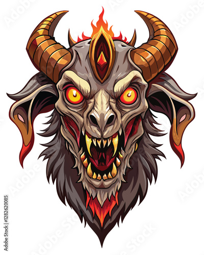 Render a terrifying goat demon head, showcasing oversized, serrated fangs, glowing red eyes, and twisted horns.  Focus on grotesque detail.