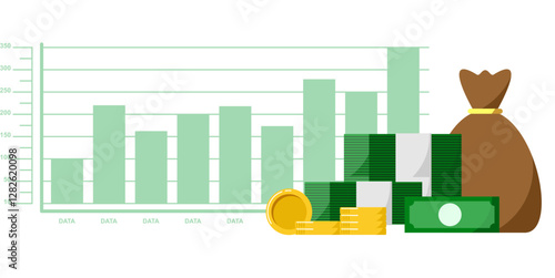 Bar graph money vector featuring financial growth, stacked coins, cash, and business analytics, symbolizing investment, profit, economic success, and financial data visualization for reports.
