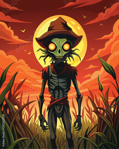 Render a terrifying alien scarecrow with glowing, empty eye sockets, tattered clothes, and menacing posture in a dark, desolate field.