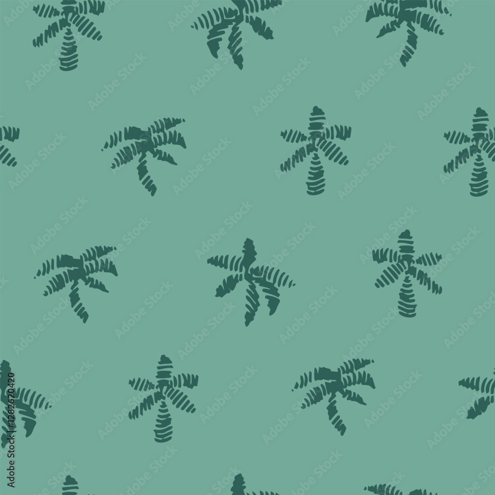 Obraz premium Half drop seamless repeat pattern with ditsy tonal teal green palm tree silhouettes in hand drawn brush strokes. Men, boys, tropical beach, shirt print, towels, swimwear, coastal packaging.