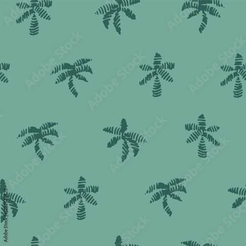 Half drop seamless repeat pattern with ditsy tonal teal green palm tree silhouettes in hand drawn brush strokes. Men, boys, tropical beach, shirt print, towels, swimwear, coastal packaging.