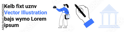 Woman holding test tube and clipboard, hand drawing with pen, abstract bank facade. Ideal for science, research, education, creativity, innovation, finance or flat landing page banner