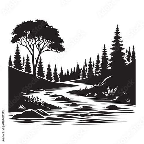 River running through trees Silhouette Vector Illustration, Solid White Background.