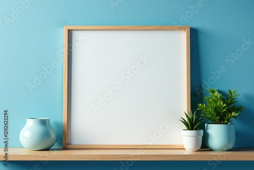 Blank picture frame, blue textured wall, shelf, plants, frame, room, simple