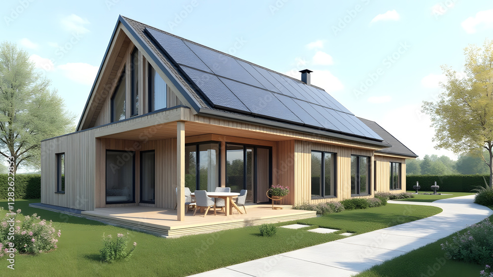 A house facade with solar panels and a circular economy design. The modern design and reuse principles highlight the blend of solar energy and sustainable living. A house facade with solar panels and a circular economy design. The modern design and reuse principles highlight the blend of solar energy and sustainable living.