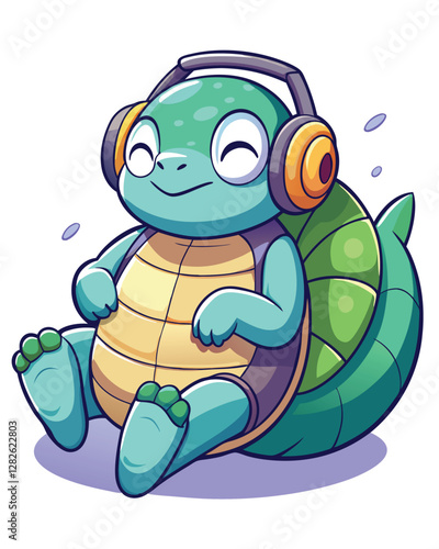 A slow-moving turtle, wearing comically large headphones, lounges lazily.  Nodding rhythmically to unseen music.