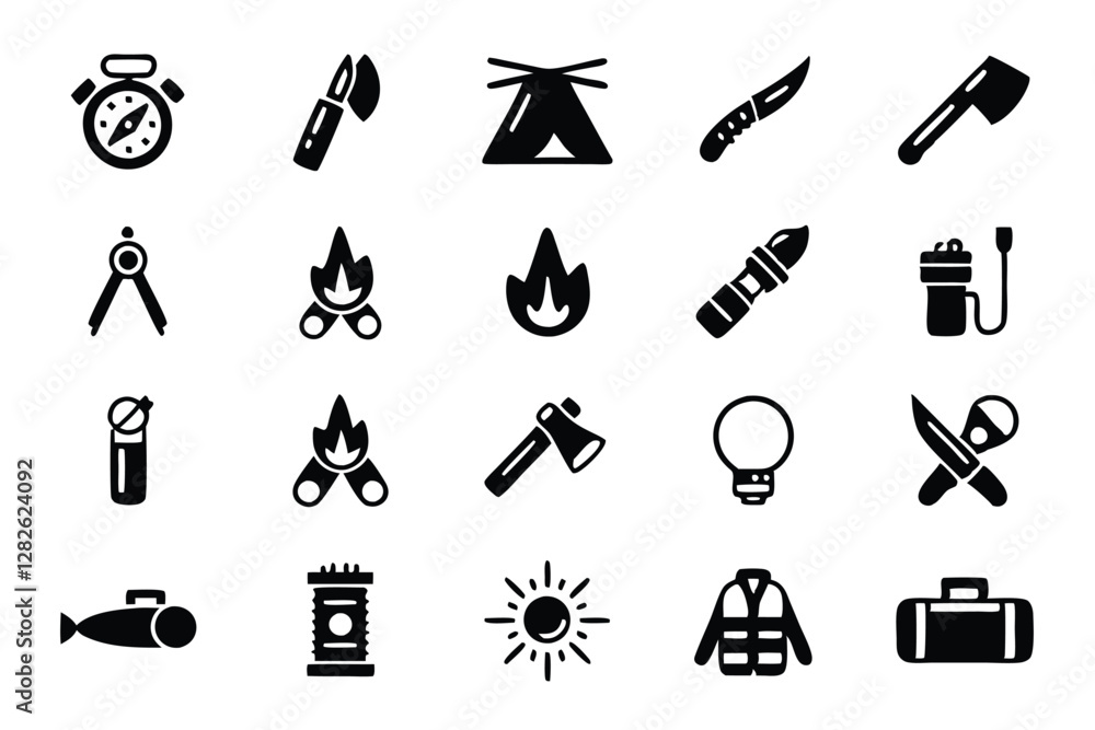 Create 15 high-quality icons depicting essential camping and outdoor gear. Include tents, backpacks, sleeping bags, cooking equipment, and more. Create 15 high-quality icons depicting essential camping and outdoor gear. Include tents, backpacks, sleeping bags, cooking equipment, and more.