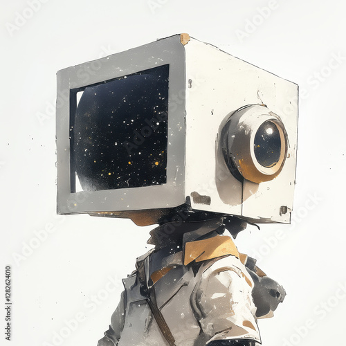 Futuristic Astronaut with Box Head and Cosmic Background