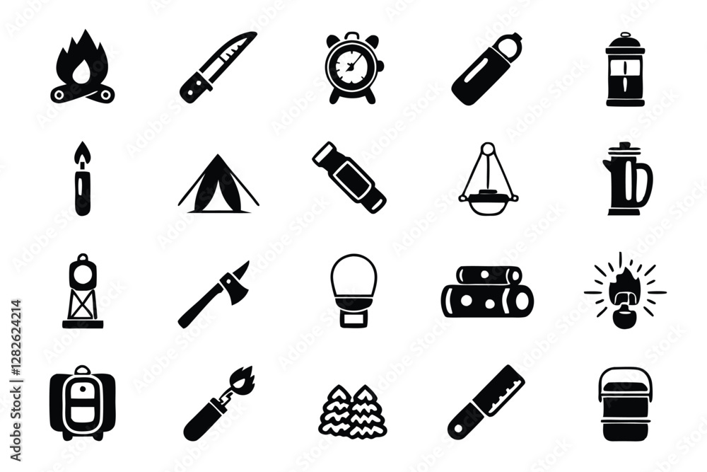 Create a set of 15 high-quality camping and outdoor gear icons. Include tents, backpacks, compasses, sleeping bags, and other relevant equipment. Simple, clean style. Create a set of 15 high-quality camping and outdoor gear icons. Include tents, backpacks, compasses, sleeping bags, and other relevant equipment. Simple, clean style.