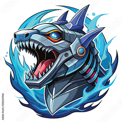 A ferocious mecha shark head, gleaming titanium teeth bared, futuristic neo-noir style.  Detailed rendering, sharp focus.