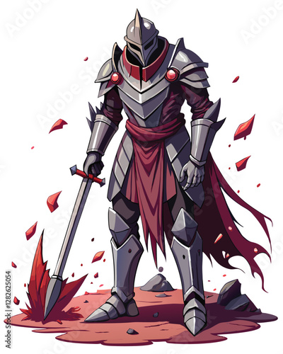 A weathered medieval knight, his shattered armor revealing wounds, fiercely grips a broken sword amidst a desolate battlefield.
