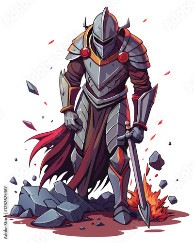 A battered medieval knight, armor shattered and bloodied, fiercely grips his broken sword, amidst the ruins of a battlefield.