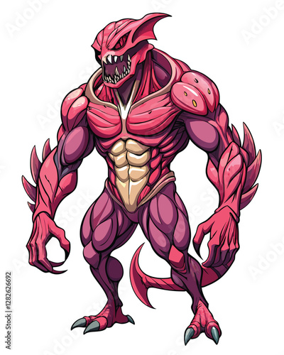 A terrifying alien creature, muscles and tendons exposed, with a grotesque, biomechanical design.  Its skin is torn, revealing pulsating inner workings.