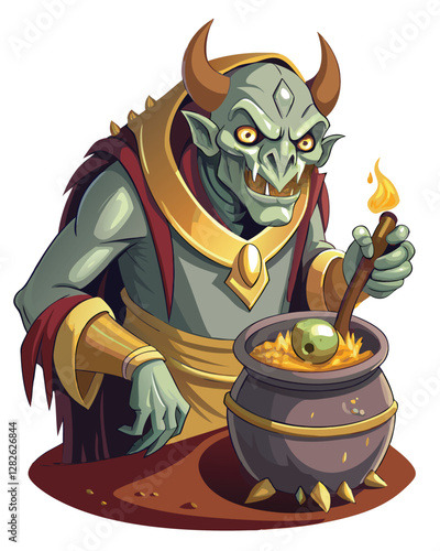 A grotesque alchemist, hunched over a bubbling cauldron, stirs a vibrant, swirling potion of arcane symbols;  glowing runes illuminate the scene.