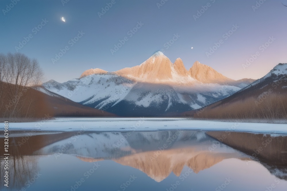 Obraz premium Crystal-Clear Lake Surrounded by Snow-Capped Mountains