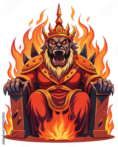 A monstrous king, crowned flames, sits upon a throne of burning embers, his expression fierce and tyrannical.  Detailed rendering, dark fantasy art.